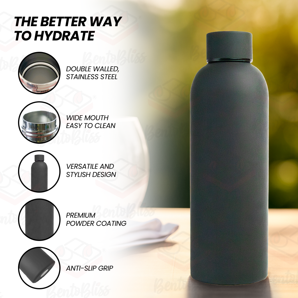 Bento Bliss Water Bottle, double walled stainless steel, wide mouth easy to clean, versatile and stylish design, premium powder coating, anti-slip grip